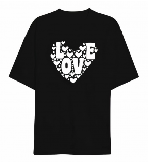 14 Şubat Sevgililer Günü Love Kalp Baskılı Oversize Bisiklet Yaka T-shirt - Siyah