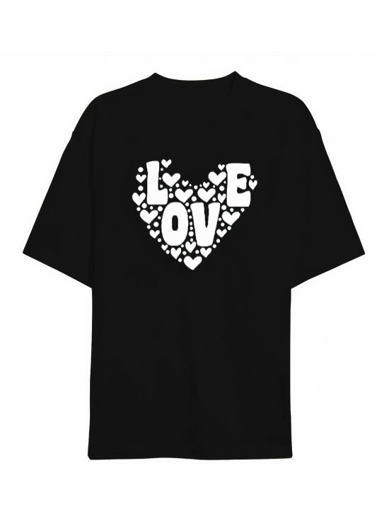 14 Şubat Sevgililer Günü Love Kalp Baskılı Oversize Bisiklet Yaka T-shirt - Siyah