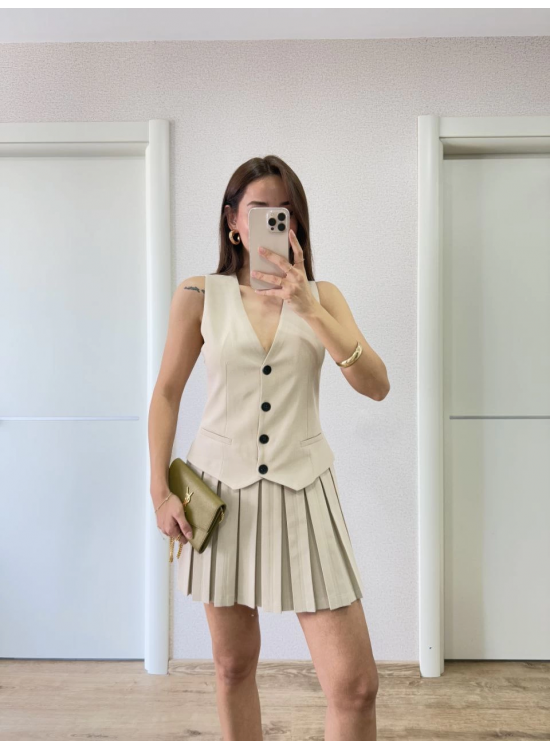 Kadın Keten Takım Görünümlü Düğme Detaylı Yelekli Mini Elbise - Bej Kadın Keten Takım Görünümlü Düğme Detaylı Yelekli Mini Elbise - Bej