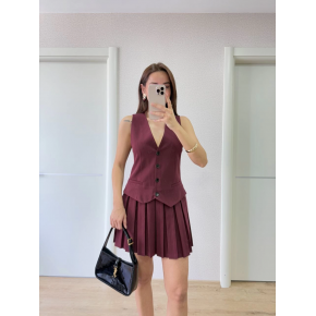 Keten Takım Görünümlü Düğme Detaylı Yelekli Mini Elbise - Bordo