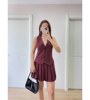 Keten Takım Görünümlü Düğme Detaylı Yelekli Mini Elbise - Bordo