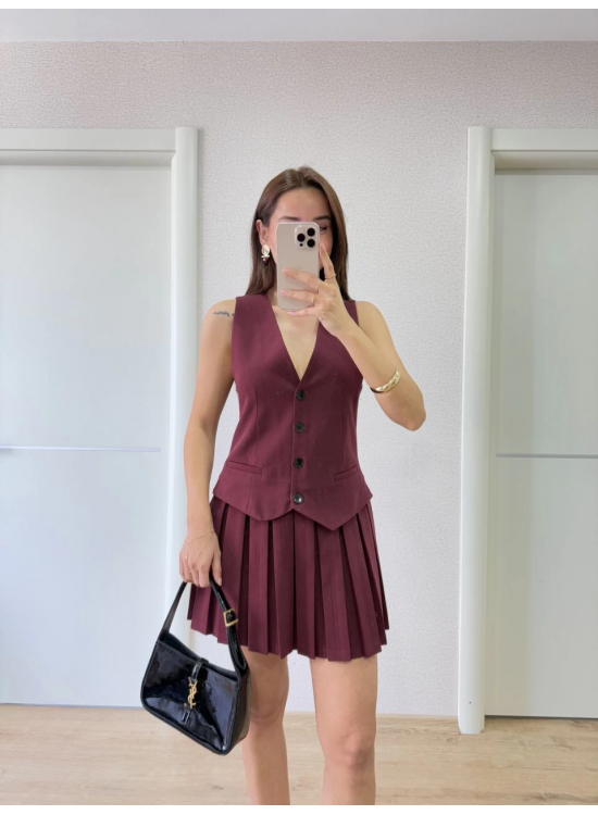 Keten Takım Görünümlü Düğme Detaylı Yelekli Mini Elbise - Bordo Keten Takım Görünümlü Düğme Detaylı Yelekli Mini Elbise - Bordo