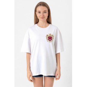 Türk Arma Baskılı Oversize Bisiklet Yaka Günlük T-shirt - Beyaz