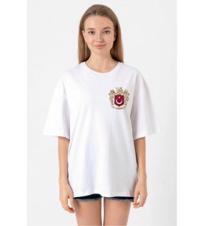 Türk Arma Baskılı Oversize Bisiklet Yaka Günlük T-shirt - Beyaz