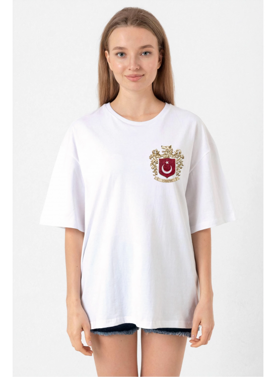 Türk Arma Baskılı Oversize Bisiklet Yaka Günlük T-shirt - Beyaz Türk Arma Baskılı Oversize Bisiklet Yaka Günlük T-shirt - Beyaz