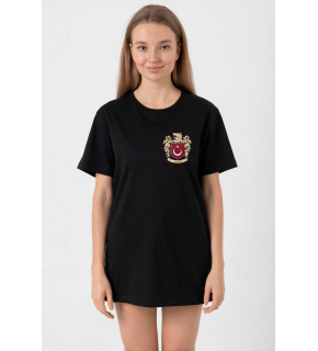 Türk Arma Baskılı Oversize Bisiklet Yaka Günlük T-shirt - Siyah