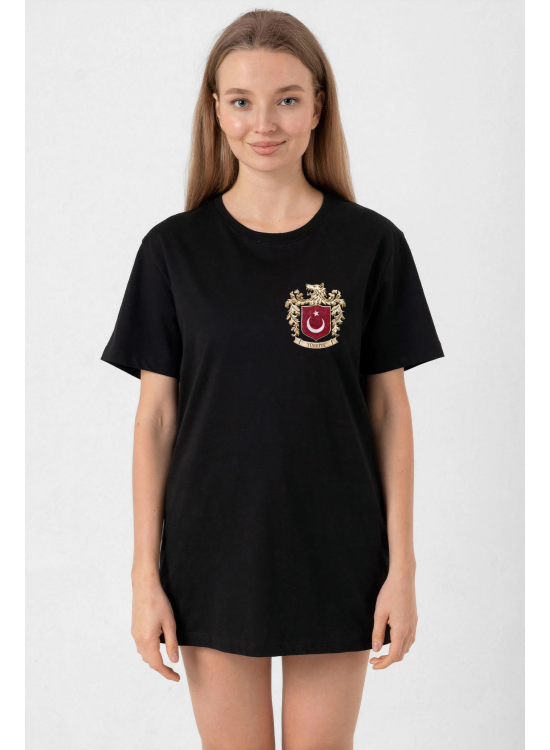 Türk Arma Baskılı Oversize Bisiklet Yaka Günlük T-shirt - Siyah Türk Arma Baskılı Oversize Bisiklet Yaka Günlük T-shirt - Siyah