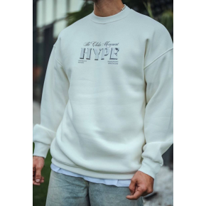 Erkek 3 İplik Pamuklu Bisiklet Yaka Baskılı SweatShirt - Beyaz