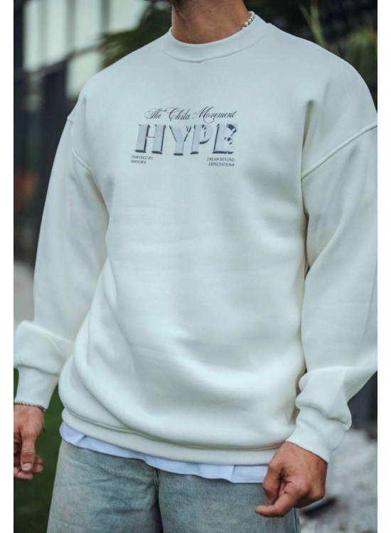 Erkek 3 İplik Pamuklu Bisiklet Yaka Baskılı SweatShirt - Beyaz