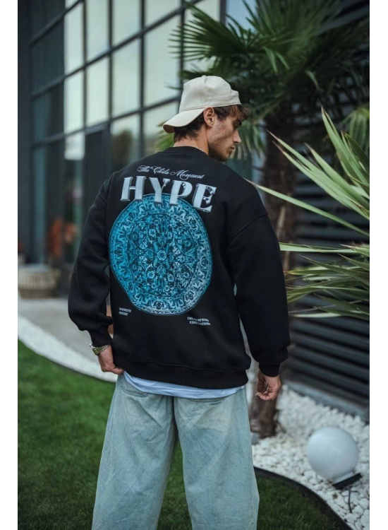 Erkek 3 İplik Pamuklu Bisiklet Yaka Baskılı SweatShirt - Siyah