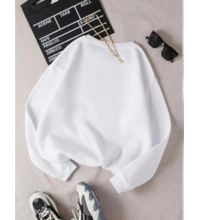 Kadın 3 İplik Pamuklu Bisikilet Yaka SweatShirt - Beyaz