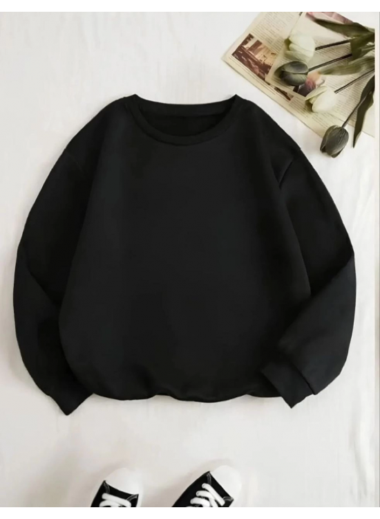 Kadın 3 İplik Pamuklu Bisikilet Yaka SweatShirt - Siyah