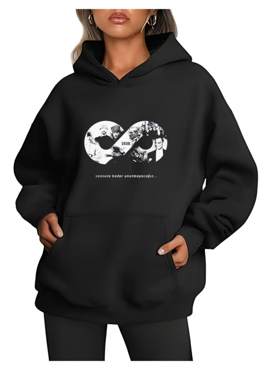3 iplik Pamuklu Cepli  Kapüşonlu 10 Kasıma Özel SweatShirt Hoodie - Siyah