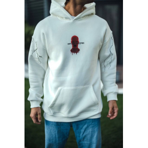 Erkek Kapüşonlu Kanguru Cepli Sweatshirt 3 İplik Pamuklu Baskılı Hoodie -  Beyaz