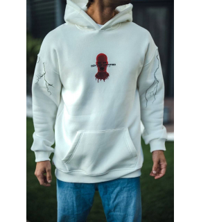 Erkek Kapüşonlu Kanguru Cepli Sweatshirt 3 İplik Pamuklu Baskılı Hoodie -  Beyaz