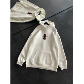 Kadın Kapüşonlu Kanguru Cepli Sweatshirt 3 İplik Pamuklu Baskılı Hoodie - Beyaz