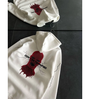 Kadın Kapüşonlu Kanguru Cepli Sweatshirt 3 İplik Pamuklu Baskılı Hoodie - Beyaz