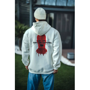Erkek Kapüşonlu Kanguru Cepli Sweatshirt 3 İplik Pamuklu Baskılı Hoodie -  Beyaz