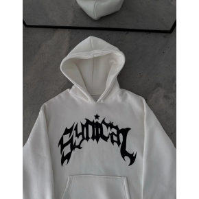 Kadın Kapüşonlu Kanguru Cepli Sweatshirt 3 İplik Pamuklu Baskılı Hoodie -  Beyaz