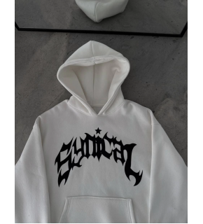 Kadın Kapüşonlu Kanguru Cepli Sweatshirt 3 İplik Pamuklu Baskılı Hoodie -  Beyaz