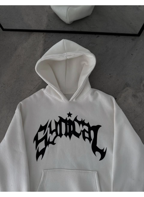 Kadın Kapüşonlu Kanguru Cepli Sweatshirt 3 İplik Pamuklu Baskılı Hoodie -  Beyaz