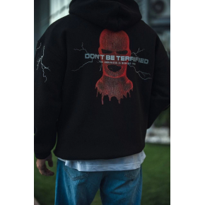 Erkek Kapüşonlu Kanguru Cepli Sweatshirt 3 İplik Pamuklu Baskılı Hoodie -  Siyah