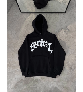 Erkek Kapüşonlu Kanguru Cepli Sweatshirt 3 İplik Pamuklu Baskılı Hoodie - Siyah