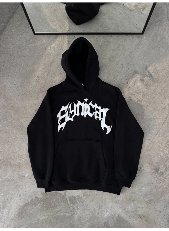 Kadın Kapüşonlu Kanguru Cepli Sweatshirt 3 İplik Pamuklu Baskılı Hoodie -  Siyah