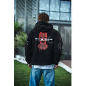 Erkek Kapüşonlu Kanguru Cepli Sweatshirt 3 İplik Pamuklu Baskılı Hoodie -  Siyah