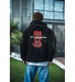 Erkek Kapüşonlu Kanguru Cepli Sweatshirt 3 İplik Pamuklu Baskılı Hoodie -  Siyah
