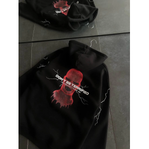 Kadın Kapüşonlu Kanguru Cepli Sweatshirt 3 İplik Pamuklu Baskılı Hoodie - Siyah