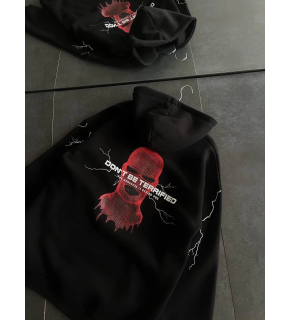 Kadın Kapüşonlu Kanguru Cepli Sweatshirt 3 İplik Pamuklu Baskılı Hoodie - Siyah