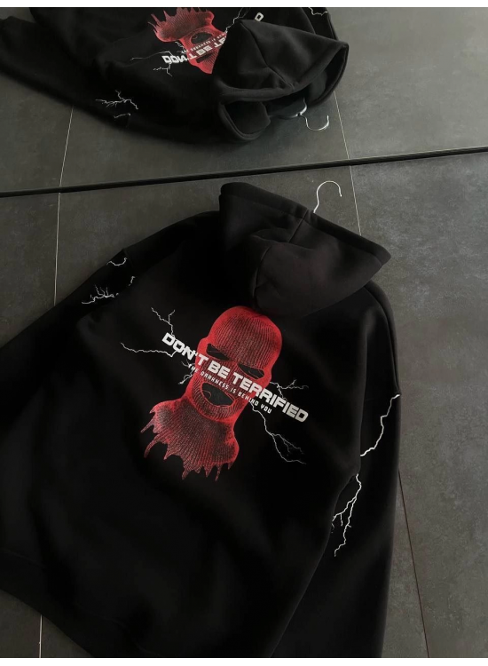 Kadın Kapüşonlu Kanguru Cepli Sweatshirt 3 İplik Pamuklu Baskılı Hoodie - Siyah