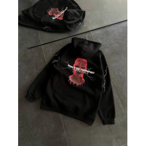 Kadın Kapüşonlu Kanguru Cepli Sweatshirt 3 İplik Pamuklu Baskılı Hoodie - Siyah