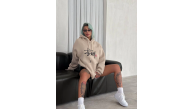 Kadın Oversize Kapüşonlu Cepli Baskılı 3 İplik Pamuklu Hoodie Sweatshirt - Bej