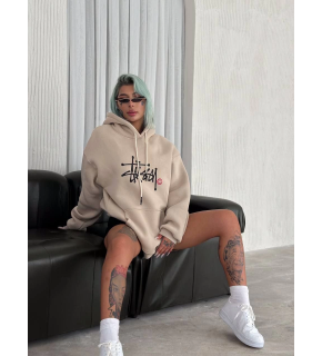 Kadın Oversize Kapüşonlu Cepli Baskılı 3 İplik Pamuklu Hoodie Sweatshirt - Bej