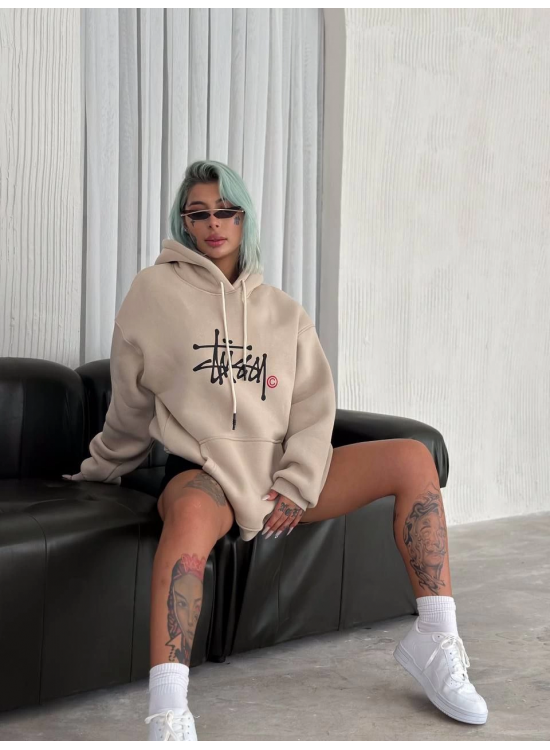 Kadın Oversize Kapüşonlu Cepli Baskılı 3 İplik Pamuklu Hoodie Sweatshirt - Bej