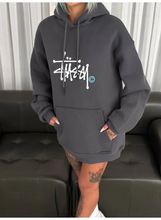 Kadın Oversize Kapüşonlu Cepli Baskılı 3 İplik Pamuklu Hoodie Sweatshirt - Füme Kadın Oversize Kapüşonlu Cepli Baskılı 3 İplik Pamuklu Hoodie Sweatshirt - Füme