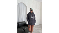 Kadın Oversize Kapüşonlu Cepli Baskılı 3 İplik Pamuklu Hoodie Sweatshirt - Füme Kadın Oversize Kapüşonlu Cepli Baskılı 3 İplik Pamuklu Hoodie Sweatshirt - Füme