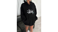 Kadın Oversize Kapüşonlu Cepli Baskılı 3 İplik Pamuklu Hoodie Sweatshirt - Siyah