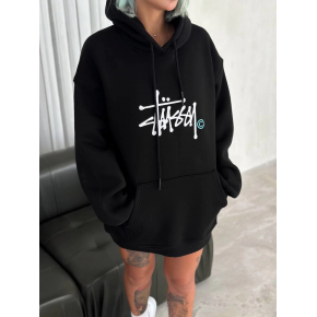 Kadın Oversize Kapüşonlu Cepli Baskılı 3 İplik Pamuklu Hoodie Sweatshirt - Siyah