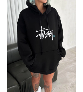 Kadın Oversize Kapüşonlu Cepli Baskılı 3 İplik Pamuklu Hoodie Sweatshirt - Siyah