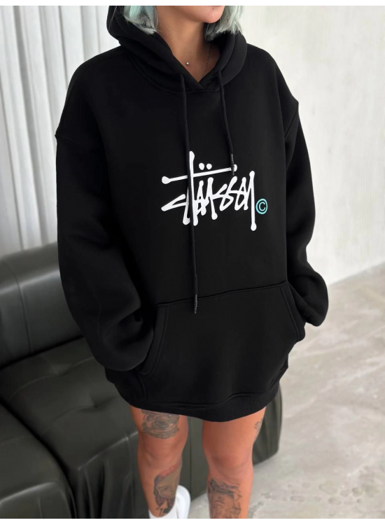 Kadın Oversize Kapüşonlu Cepli Baskılı 3 İplik Pamuklu Hoodie Sweatshirt - Siyah