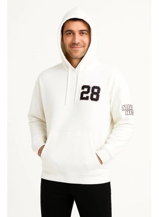 Erkek Kapüşonlu Kanguru Cepli Sweatshirt 3 İplik Pamuklu Baskılı Hoodie - Beyaz