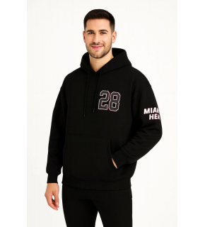 Erkek Kapüşonlu Kanguru Cepli Sweatshirt 3 İplik Pamuklu Baskılı Hoodie - Siyah