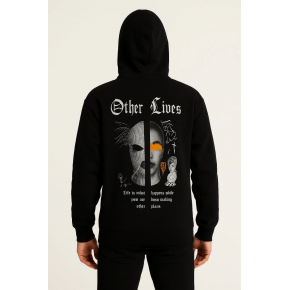 Erkek Kapüşonlu Kanguru Cepli Sweatshirt 3 İplik Pamuklu Baskılı Hoodie - Siyah
