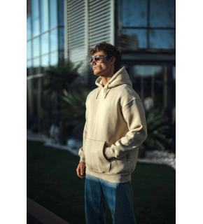Kadın 3 İplik Pamuklu Kapüşonlu Kanguru Cepli Oversize Hoodie Sweatshirt - Bej