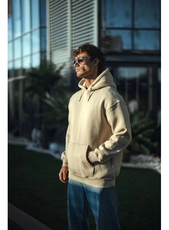 Erkek 3 İplik Pamuklu Kapüşonlu Basic SweatShirt Hoodie - Bej