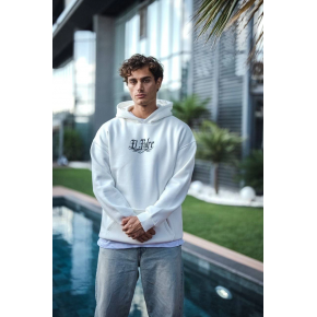 Erkek Kapüşonlu Kanguru Cepli Sweatshirt 3 İplik Pamuklu Baskılı Hoodie - Beyaz