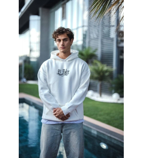 Erkek Kapüşonlu Kanguru Cepli Sweatshirt 3 İplik Pamuklu Baskılı Hoodie - Beyaz